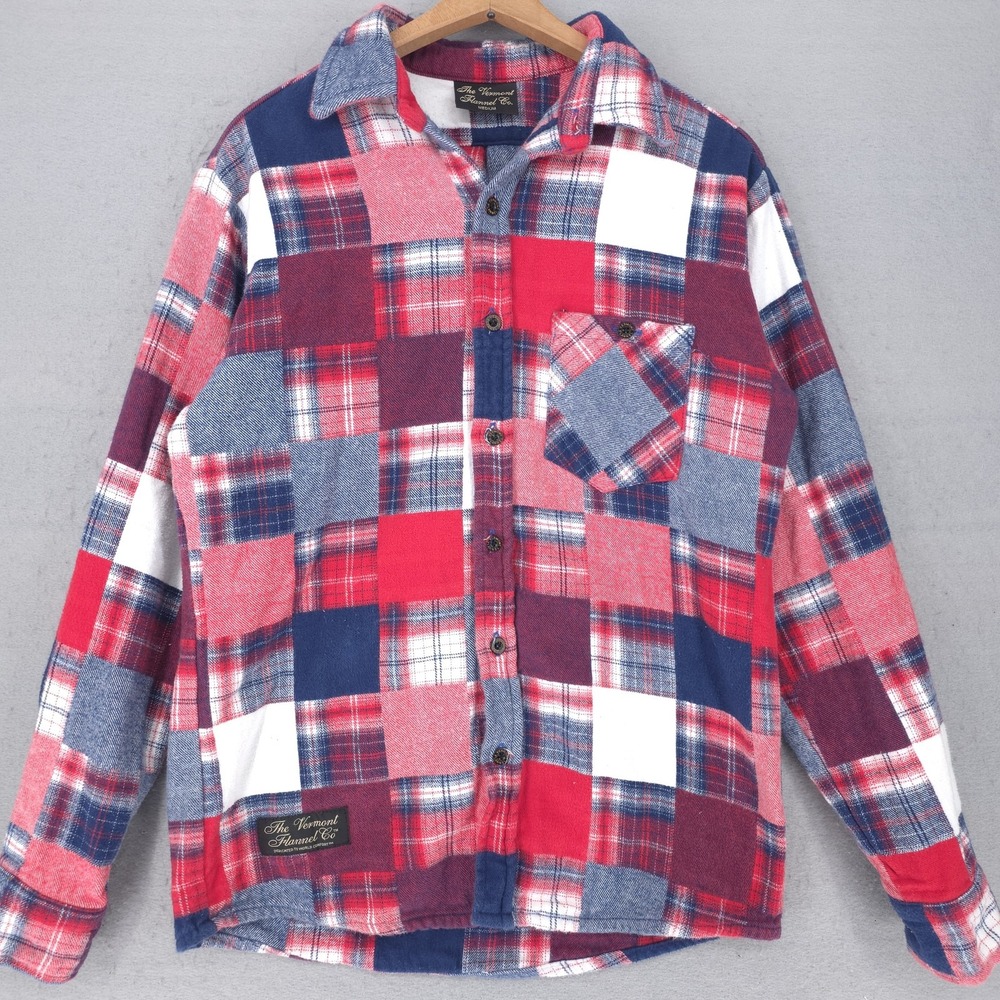The Vermont Flannel Co Shirt Mens Medium Red Patchwork Plaid Button Up USA